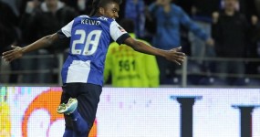 FC Porto's Kelvin Oliveira from Brazil celebrates after scoring his t